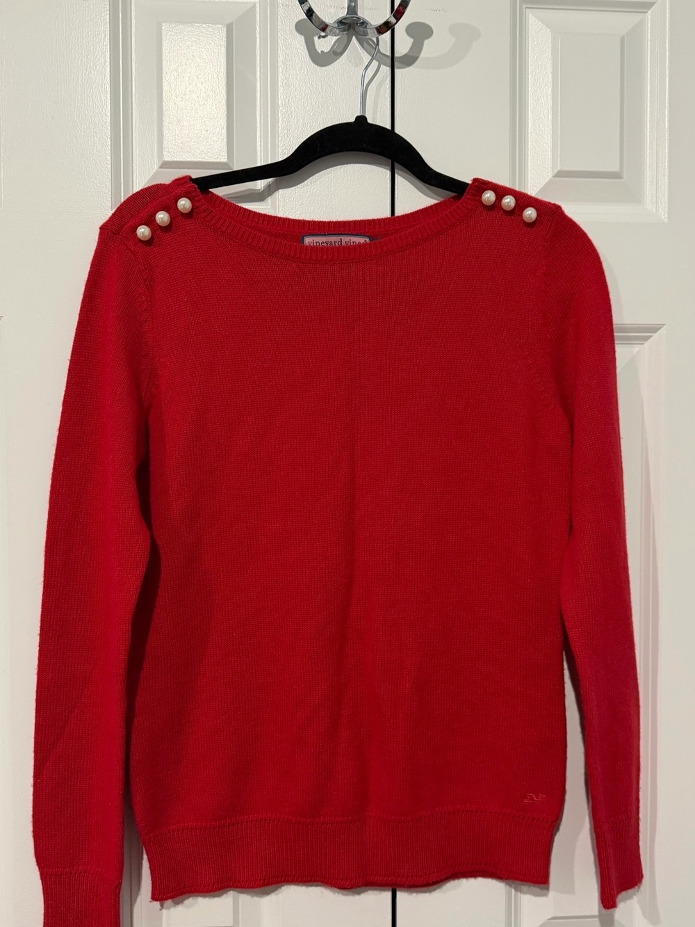 Vineyard Vines Red Crewneck Sweater with Pearl Shoulder Buttons